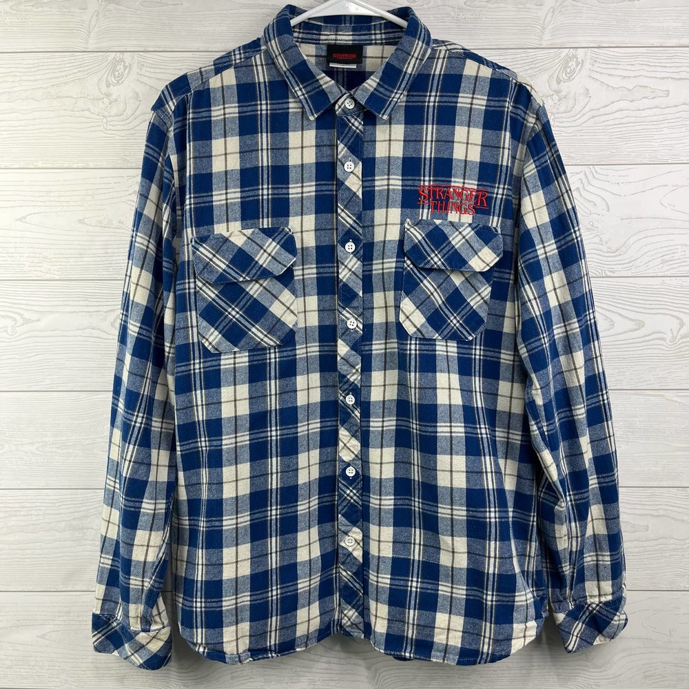 Stranger Things Netflix Blue Plaid Flannel Shirt Men's Large Double Pocket
